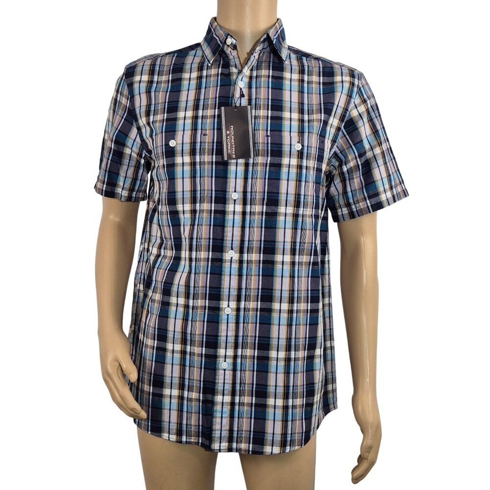 Roundtree & Yorke Men's Size XL Short Sleeve Shirt Plaid Deep Blue Button Up 56
